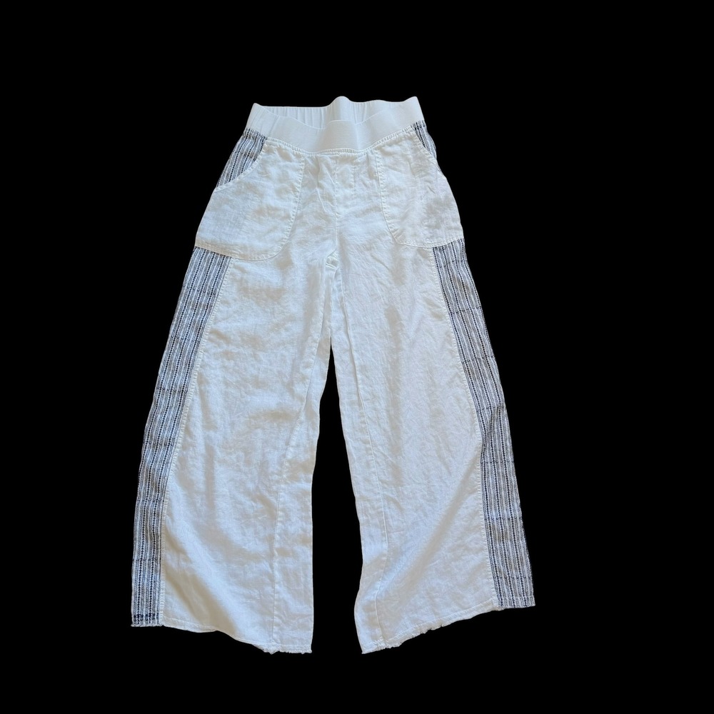 XCVI White Linen Wide Leg Pants Embroidered Side Stripe Raw Hem Size M